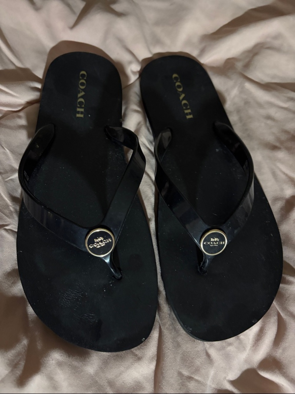 Coach BlackFlip Sandals with Gold Logo Medallion. Great look for summer.